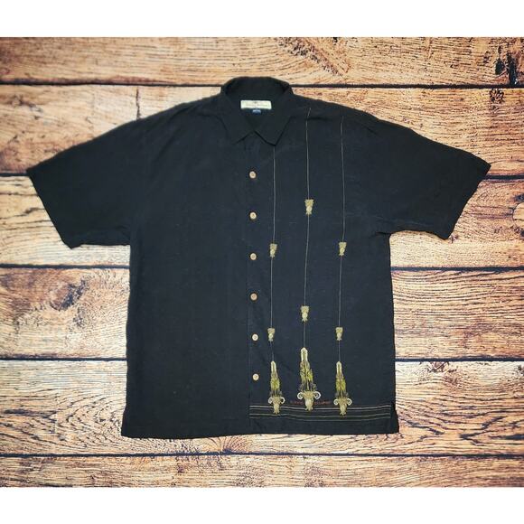 TOMMY BAHAMA Gold Pineapples Embroidered 100% Silk Hawaiian Medium M Shirt Black - Picture 1 of 6